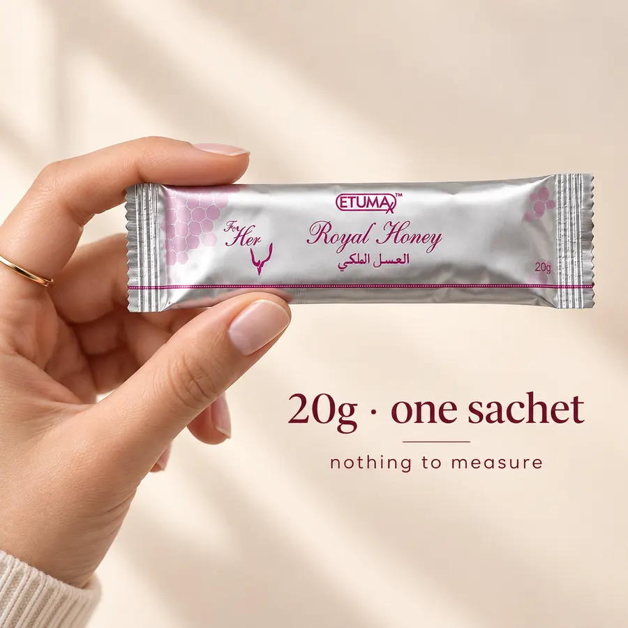 A single 20g sachet held between finger and thumb