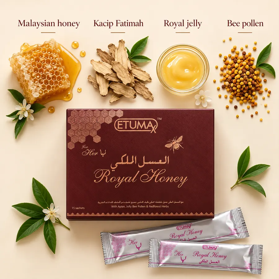 Malaysian honey, Kacip Fatimah, royal jelly and bee pollen laid out