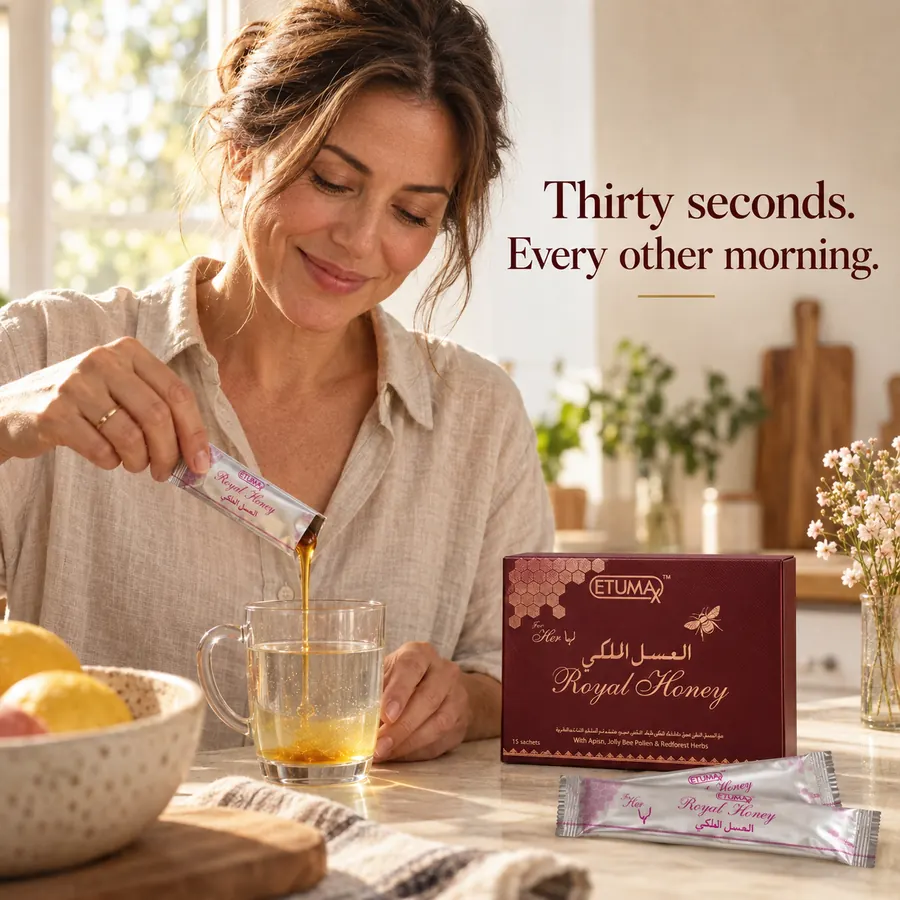 A woman squeezing a sachet into a cup of warm water